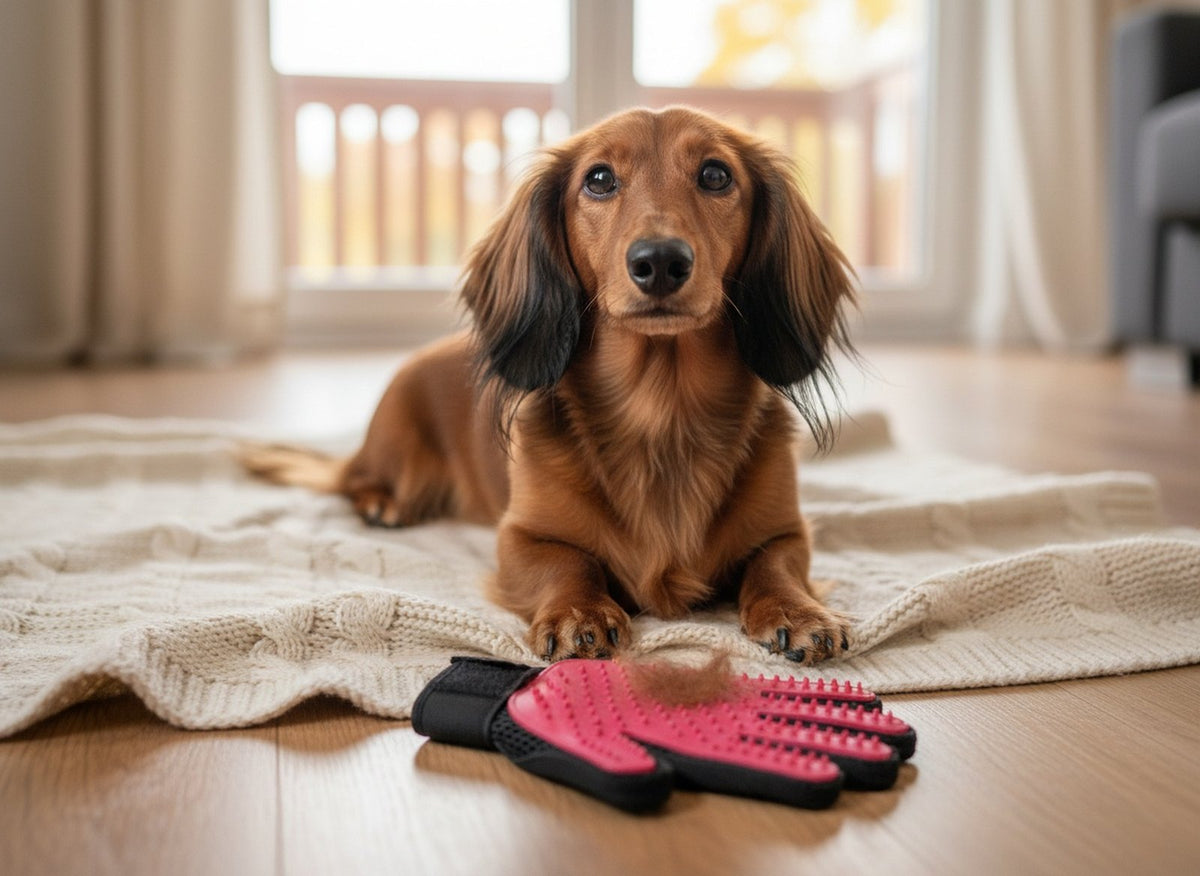 Dackel Vico liegt auf einer hellen Decke, davor der pinke FurCare Pflegehandschuh mit losen Haaren vom Fellwechsel