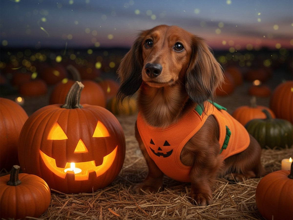 Dackel Vico im PumpkinPaws Kürbiskostüm sitzt am Abend zwischen leuchtenden Kürbissen