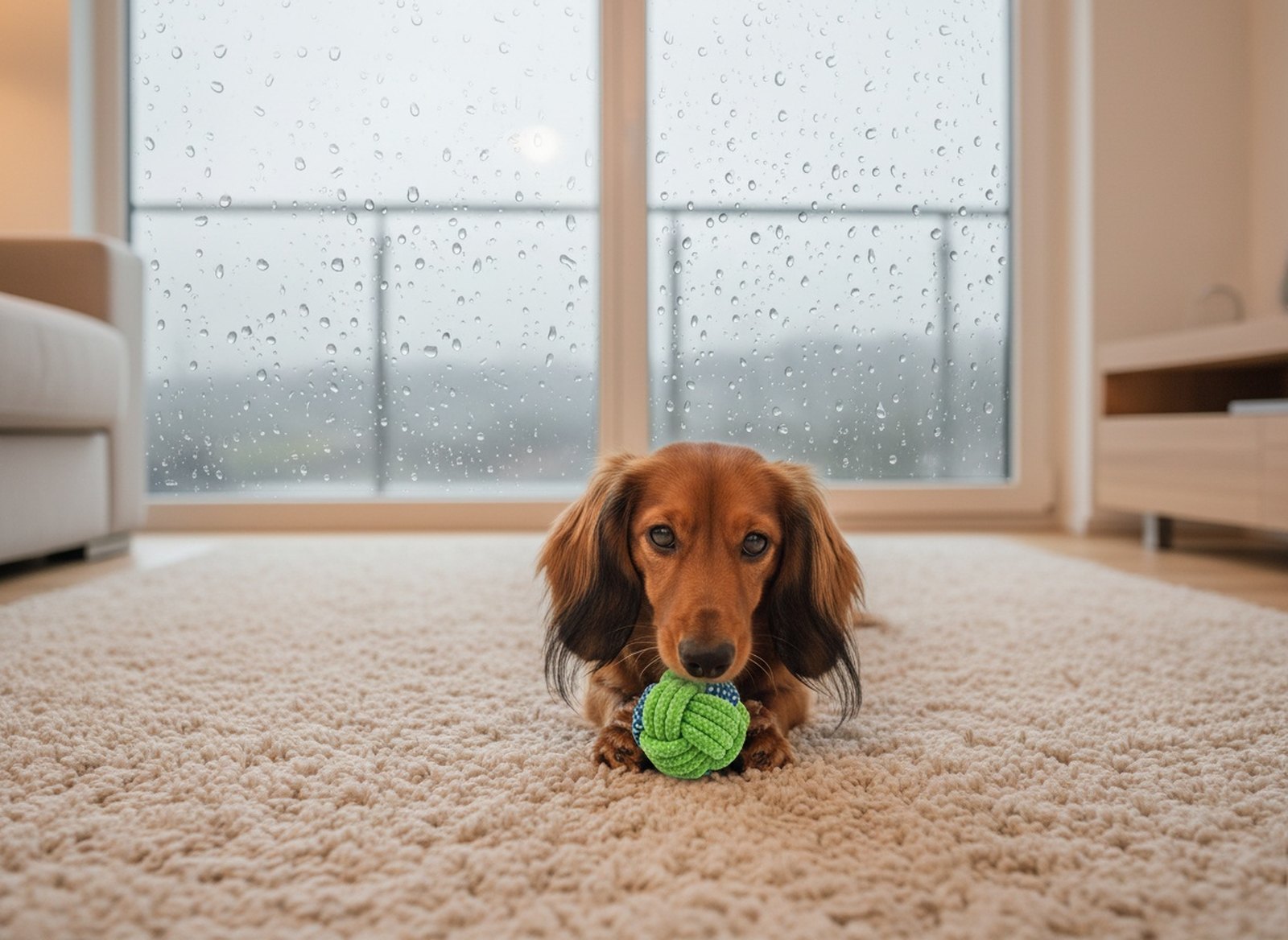 Dackel Vico spielt bei Regenwetter drinnen auf dem Teppich mit einem grünen ChewRope Seilball