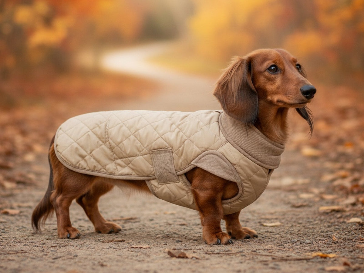 Dackel Vico trägt den beigen CozyDachs Wintermantel auf einem herbstlichen Weg