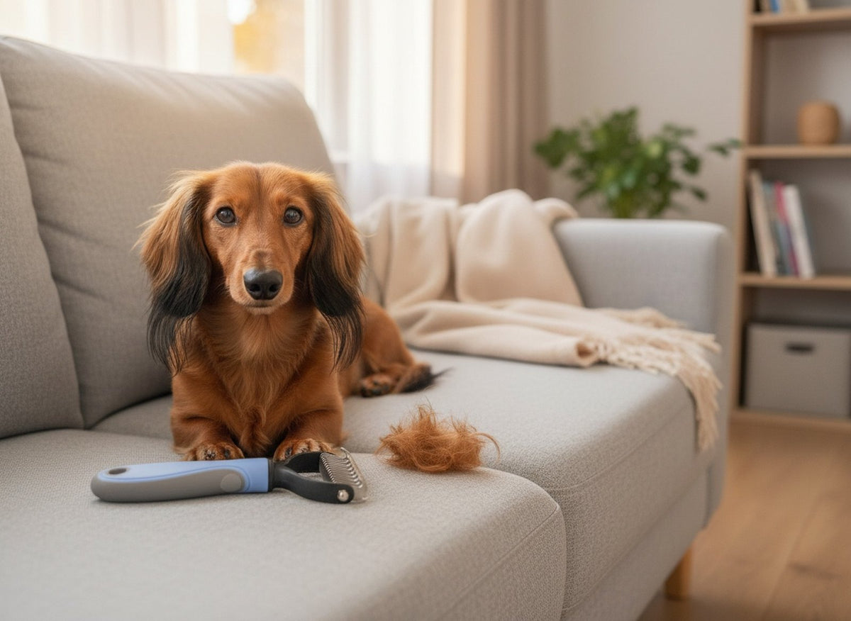 Dackel Vico liegt auf einem hellen Sofa, davor die blaue FurGone Bürste mit ausgebürsteten Hundehaaren