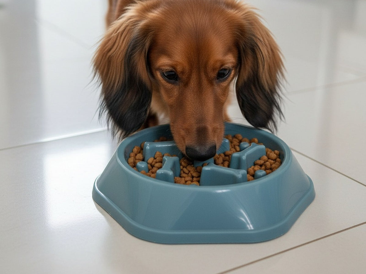 Dackel Vico frisst aus dem blauen SlowFeed Anti-Schling-Napf auf dem Küchenboden