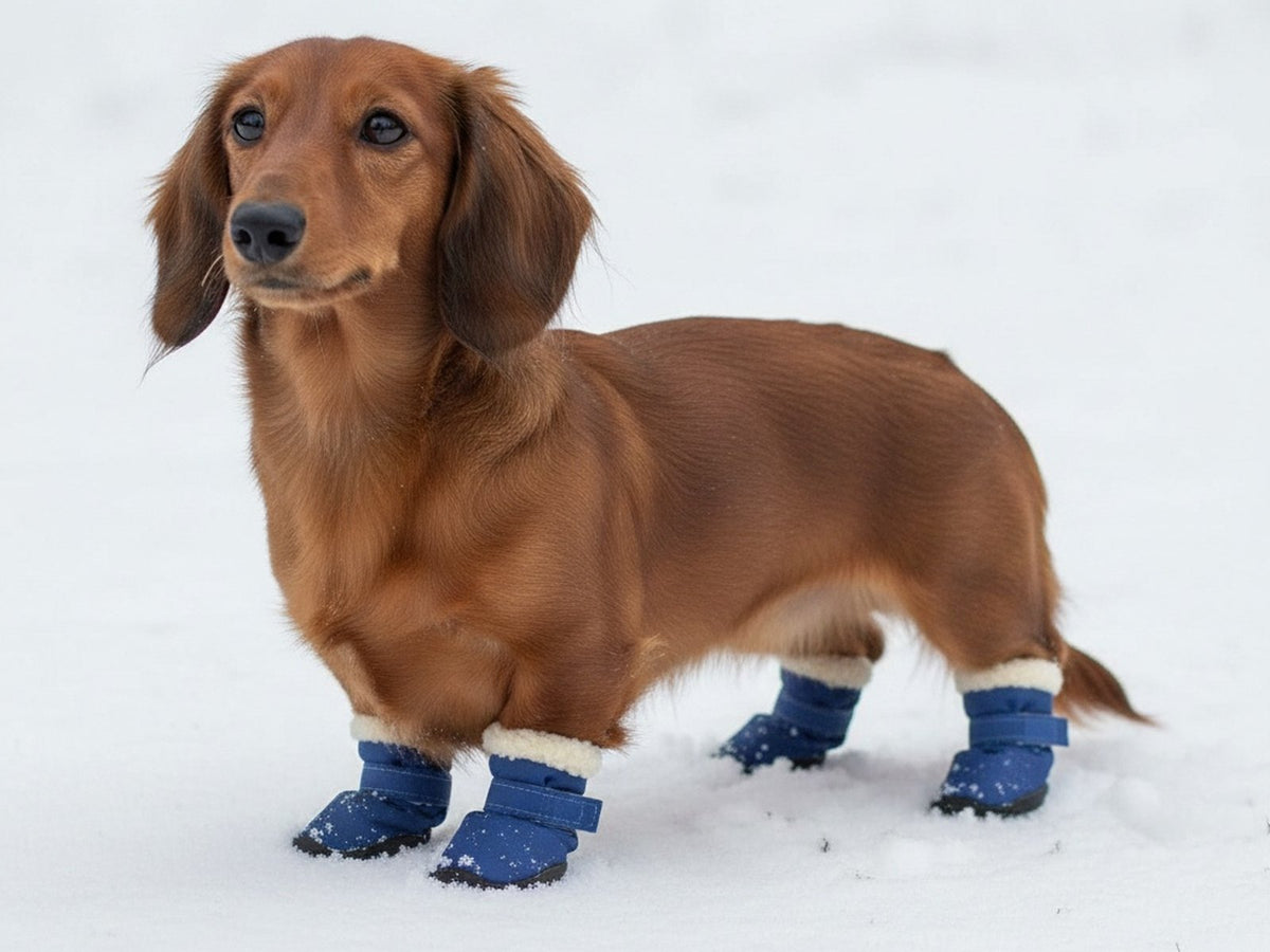 Dackel Vico steht mit blauen SnowStep Winterstiefeln im Schnee