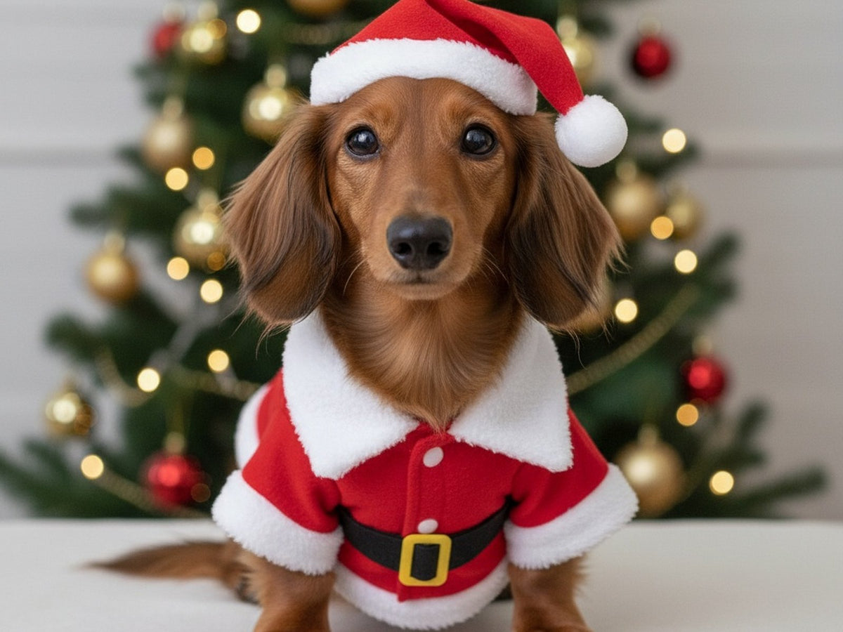 Dackel Vico im roten SantaPaw Weihnachtskostüm vor einem geschmückten Weihnachtsbaum