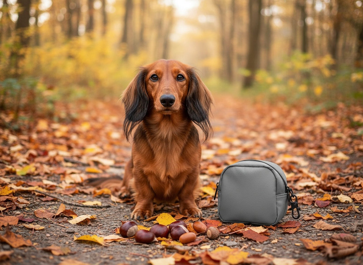 Dackel Vico sitzt auf einem herbstlichen Waldweg vor Kastanien und Eicheln, daneben der graue SnackPack Leckerlibeutel