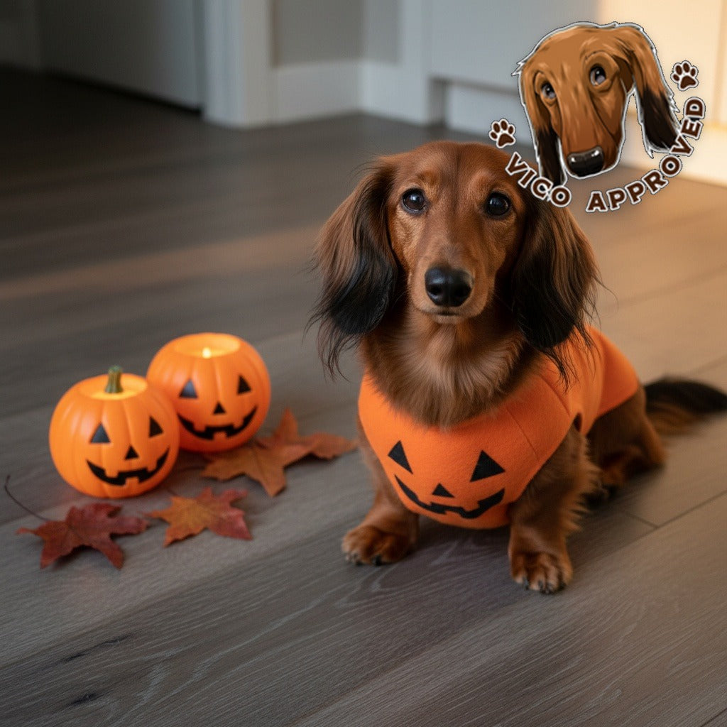 Langhaardackel Vico im Halloween-Kürbiskostüm neben zwei leuchtenden Kürbissen