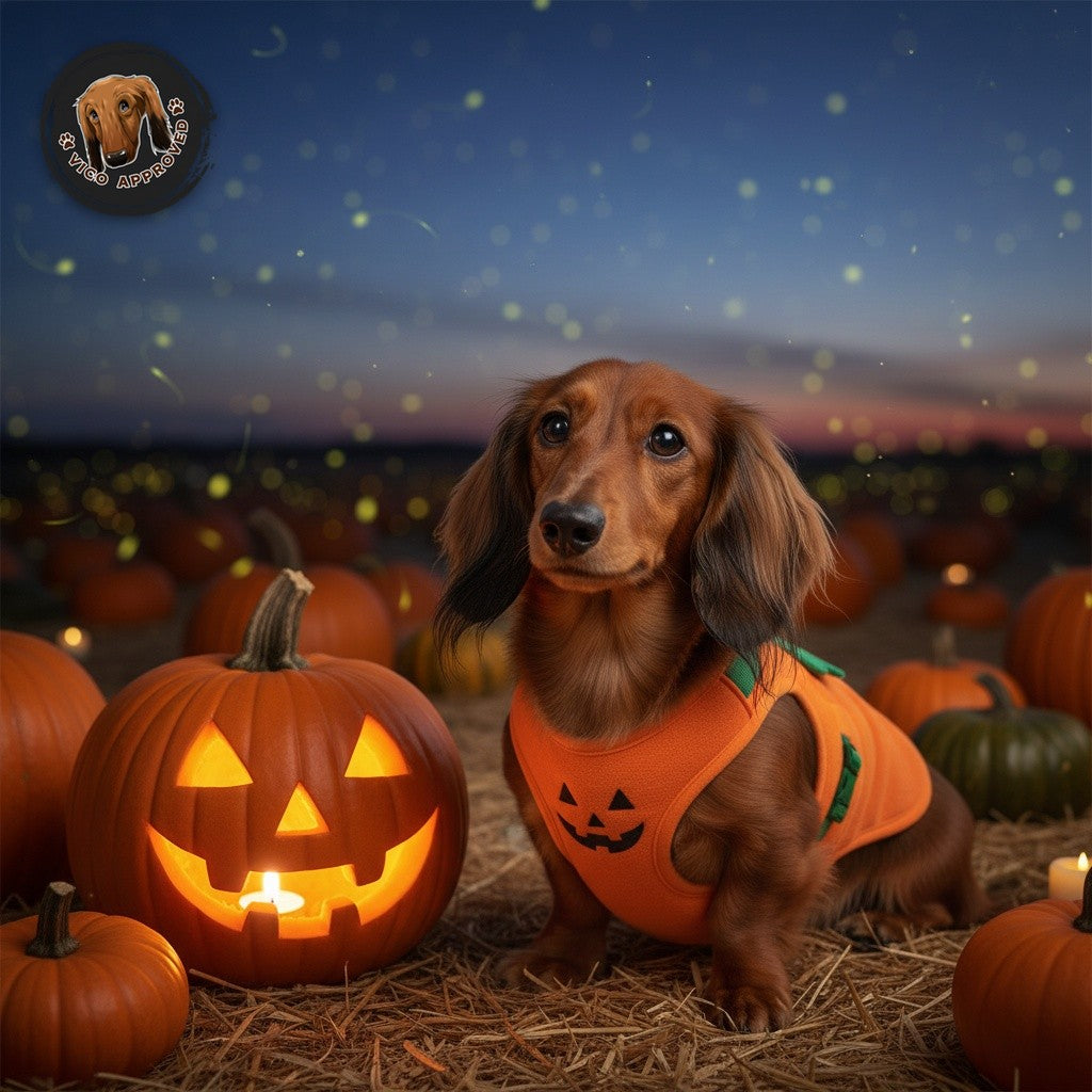 Vico im PumpkinPaws Kürbiskostüm