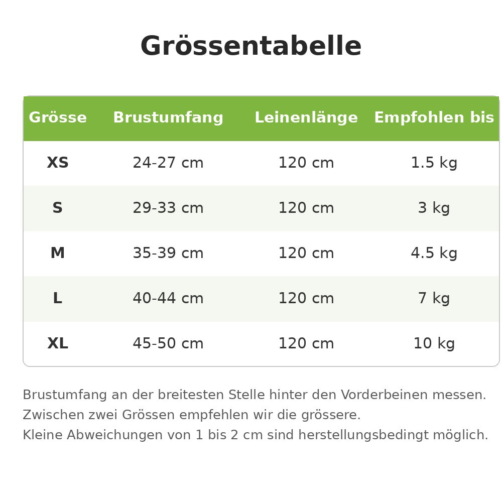 GlowWalk Grössentabelle: XS bis XL, Brustumfang 24-50 cm, Leine 120 cm