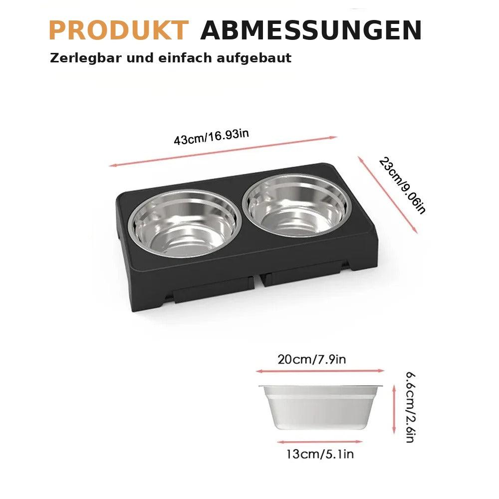 HighDine erhöhter Hundenapf: Abmessungen 43x23 cm, Napf 20 cm Durchmesser, zerlegbar