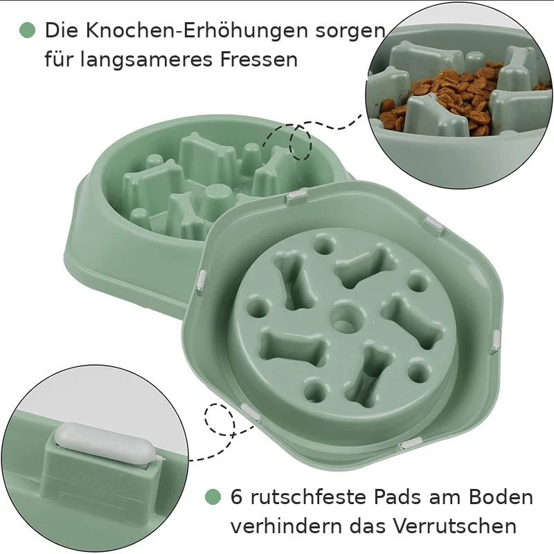 SlowFeed Anti-Schling-Napf: Knochen-Erhöhungen für langsameres Fressen, 6 rutschfeste Pads am Boden